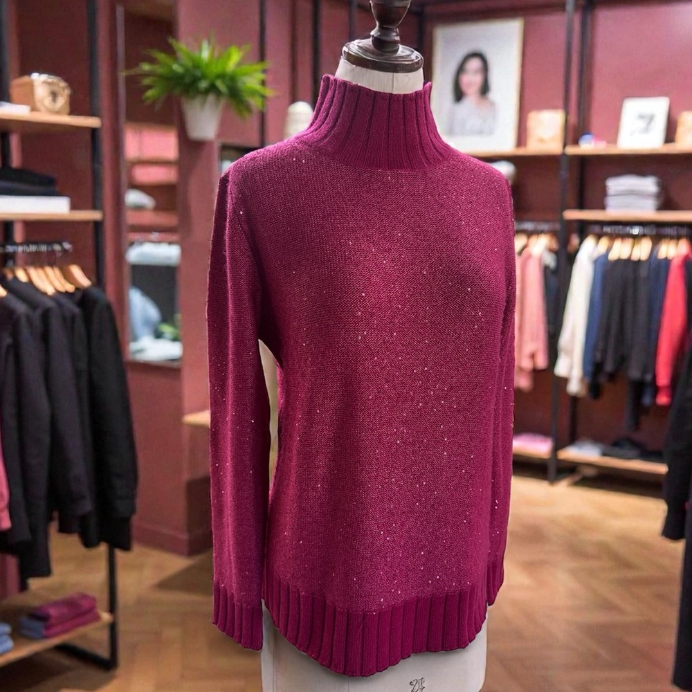 Neiman Marcus Magenta/Fuchsia Sequin Cashmere Ribbed‎ Turtleneck Sweater Size M